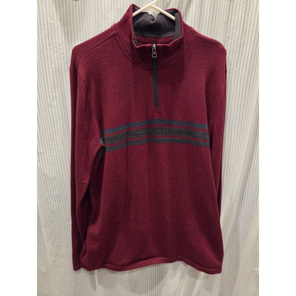 prAna Holberg Men's L Wool Blend 1/4 Zip Sweater Striped Maroon Pullover Gorpcor